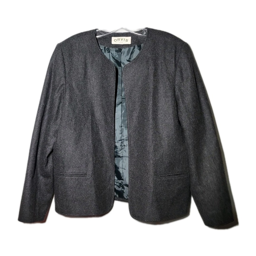 Vintage Womens Orvis Size 16 Gray Wool Open Front Blazer Work Business